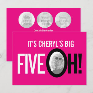 50th birthday FIVE OH! photo pink retro landscape Invitation