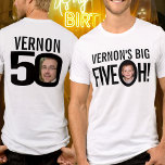 50th Birthday fiveoh custom name photo black white T-Shirt<br><div class="desc">Fun mono black and white 50th Birthday party double-sided two photos and custom name t-shirt. A great idea for adding some fun to a fiftieth birthday party. Other matching items are available. Design by Sarah Trett for www.mylittleeden.com on Zazzle.</div>