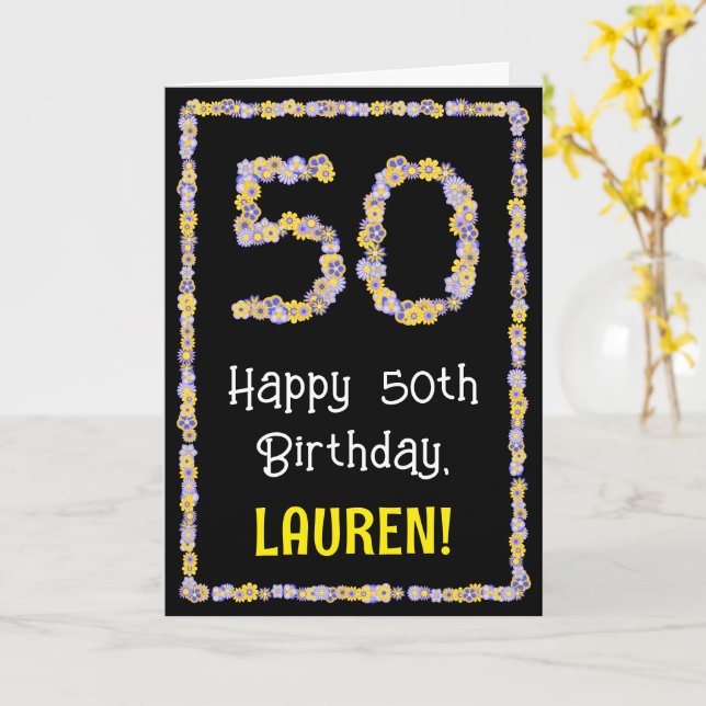 50th Birthday: Floral Flowers Number, Custom Name Card (Yellow Flower)