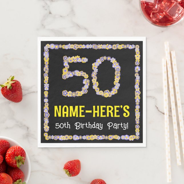 50th Birthday: Floral Flowers Number, Custom Name Napkin (Insitu)
