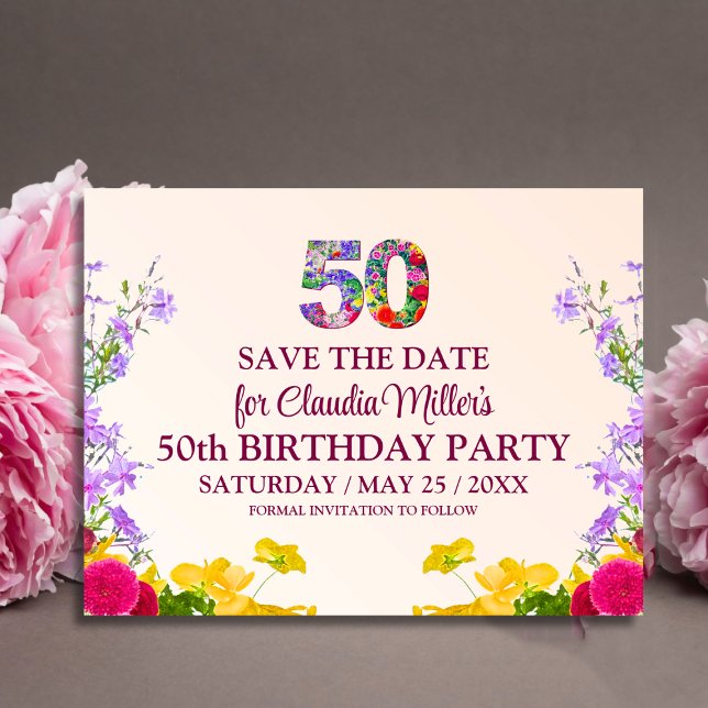 50th birthday floral modern 50 years party announcement postcard (Creator Uploaded)