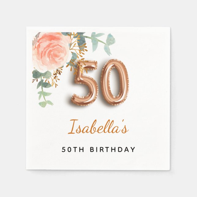 50th birthday floral rose gold eucalyptus monogram napkin (Front)