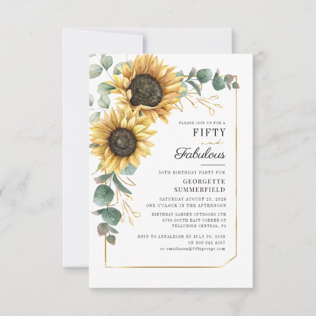 50th Birthday Floral Sunflower Eucalyptus Party Invitation (Front)
