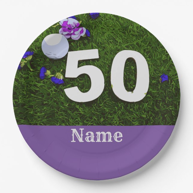 50th Birthday for golfer with golf ball and flower Paper Plate (Front)