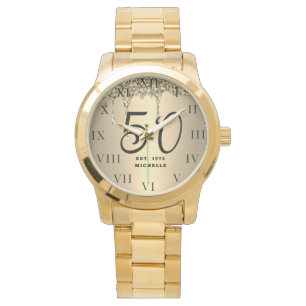 50th Birthday for Her Fifty Black Sparkle Gold  Watch