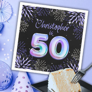 50th Birthday for Him Blue Fireworks Foil Balloon  Napkin