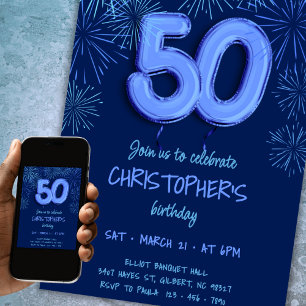 50th Birthday for Him Blue Foil Balloon Fireworks Invitation