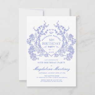 50th Birthday French Vintage Blue Floral Crest Invitation