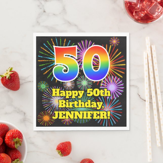 50th Birthday: Fun Fireworks Pattern + Rainbow 50 Napkin (Insitu)