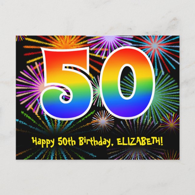 50th Birthday – Fun Fireworks Pattern + Rainbow 50 Postcard (Front)