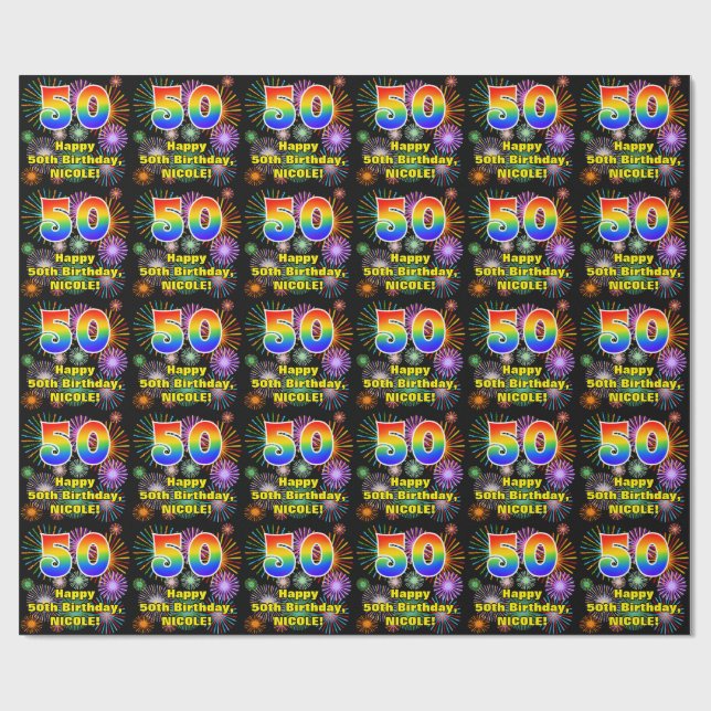 50th Birthday: Fun Fireworks, Rainbow Look # “50” Wrapping Paper (Flat)