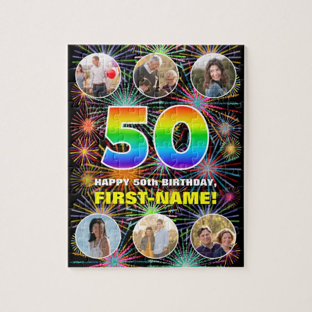 50th Birthday: Fun Rainbow #, Custom Name + Photos Jigsaw Puzzle (Vertical)