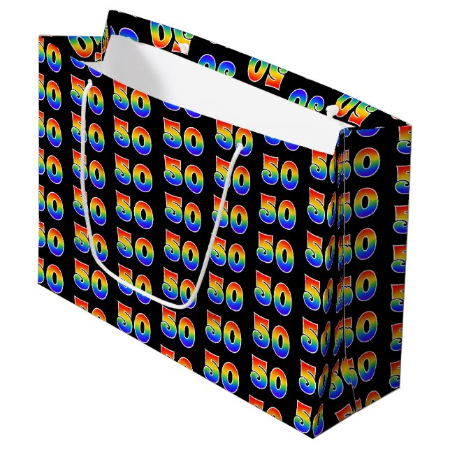 50th Birthday: Fun Rainbow Event Number 50 Pattern Large Gift Bag (Front Angled)
