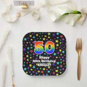 50th Birthday: Fun Stars Pattern and Rainbow “50” Paper Plate