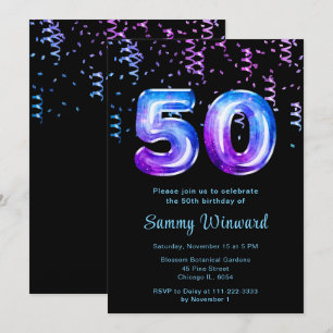 50th Birthday Galaxy Balloons with Confetti Invitation