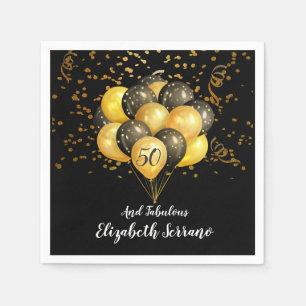 50th Birthday Gold And Black Balloons And Confetti Napkin