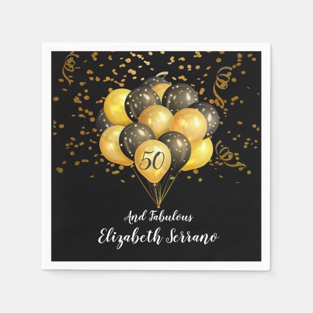 50th Birthday Gold And Black Balloons And Confetti Napkin (Front)
