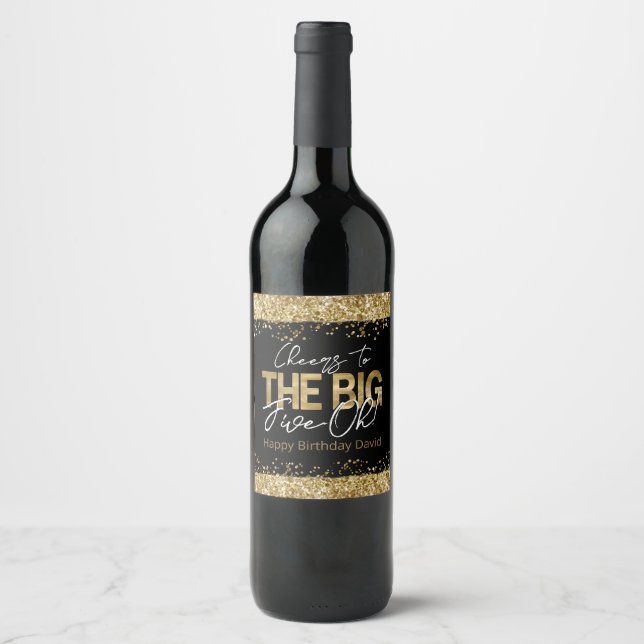 50th Birthday Gold and Black Big Five-Oh Napkins Wine Label (Front)