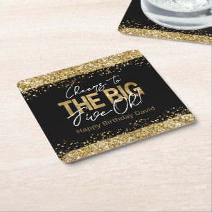 50th Birthday Gold and Black Big Five-Oh Square Pa Square Paper Coaster