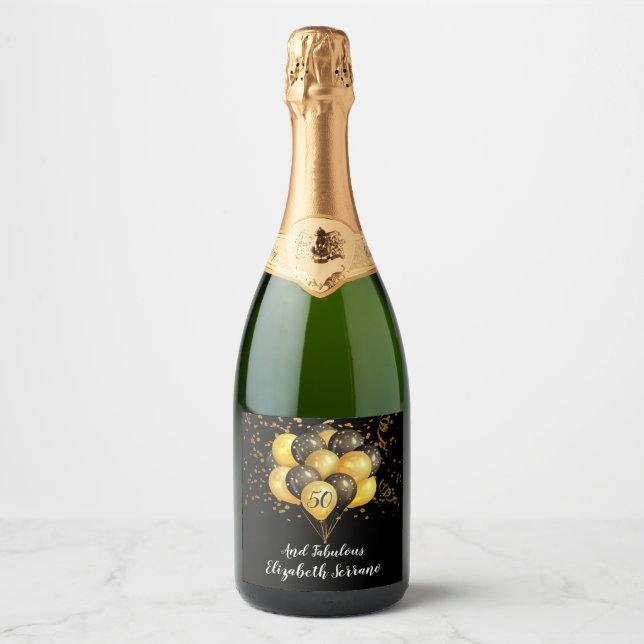 50th Birthday Gold And Black Confetti And Balloons Sparkling Wine Label (Front)