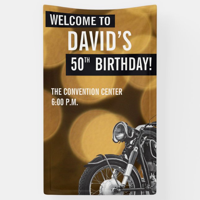 50th birthday gold and black, motorcyle banner (Vertical)