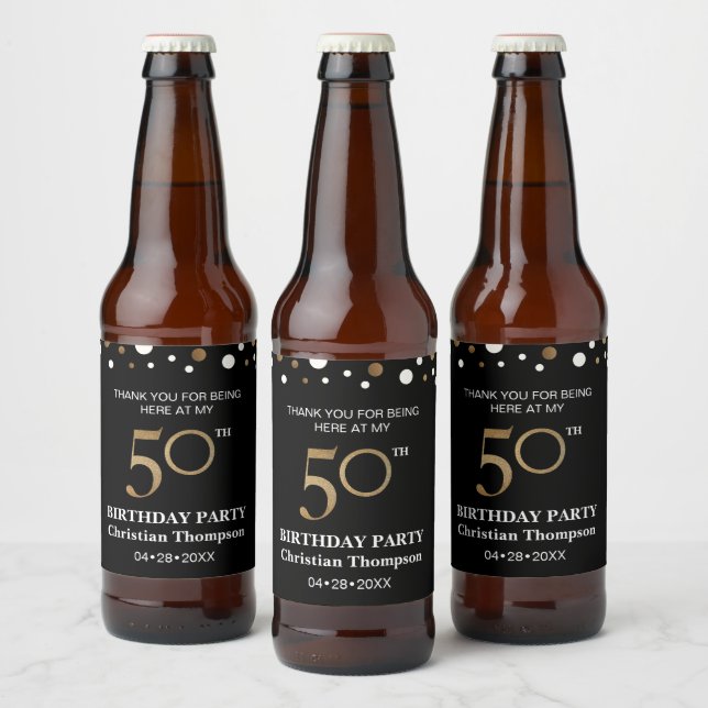 50th birthday, gold and black theme, thank you beer bottle label (Bottles)