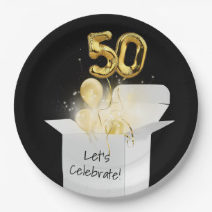 50th Birthday Gold Balloons In White Box Paper Plate
