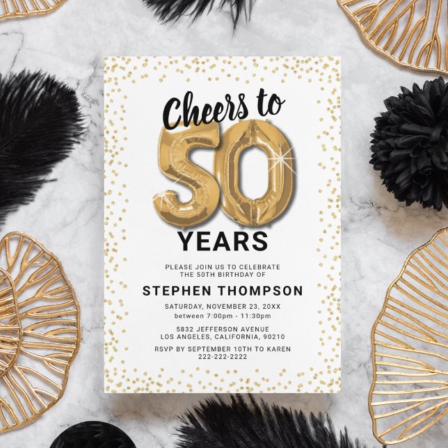 50th Birthday Gold Balloons Invitation (Creator Uploaded)
