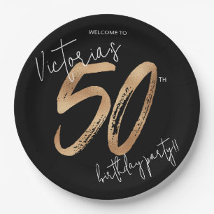 50th Birthday Gold Black Modern Sassy Elegant Paper Plate