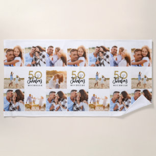 50th birthday gold black photo collage chic beach  towel