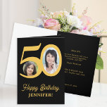 50th birthday gold black photo personalized card<br><div class="desc">Trendy bold typography 50 years woman birthday funny unique folded greeting card template with 2 photos and modern retro style script. Easy to personalize with your text and pictures on both sides. Digital download available.</div>