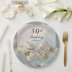 50th Birthday Gold Bow Elegant Floral Swirls Paper Plate