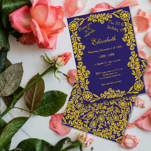 50th Birthday Gold Dark Blue Botanical Floral  Invitation