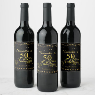 50th Birthday Gold Glitter Black 50 Fabulous Wine Label