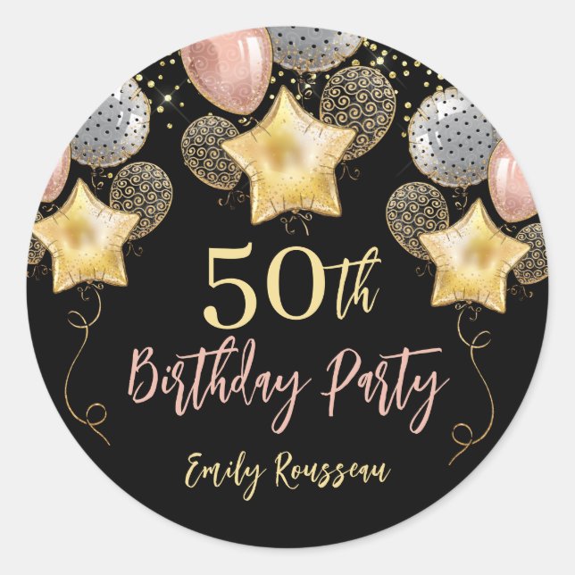 50th Birthday Gold Glitter Confetti Balloons Black Classic Round Sticker (Front)