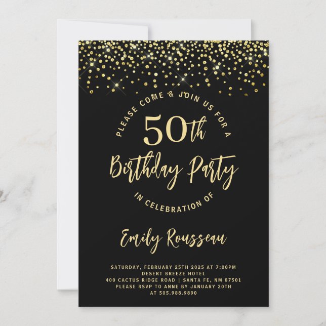 50th Birthday Gold Glitter Confetti Black Invitation (Front)