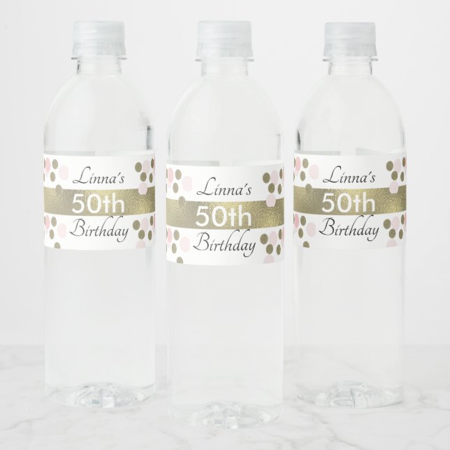 50th Birthday Gold Glitter Faux Pink Party Water Bottle Label (Bottles)