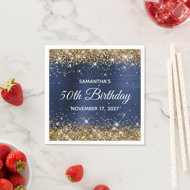 50th Birthday Gold Glitter Navy Blue Foil Napkin (Insitu)