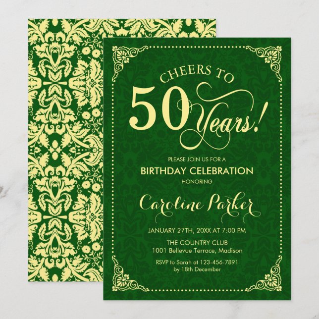 50th Birthday - Gold Green Damask Invitation (Front/Back)