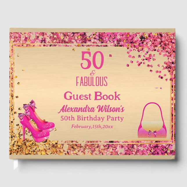 50th Birthday Gold Hot Pink High Heels Glittery Guest Book (Front)