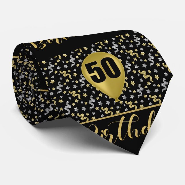 50th Birthday Gold on Black with Confetti Tie (Rolled)