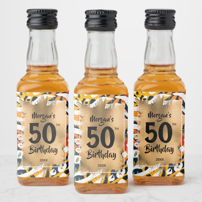 50th Birthday Gold on Colourful Animal Print Mini Liquor Bottle Label (Bottles)