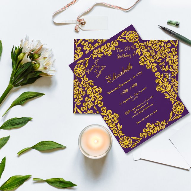 50th Birthday Gold Purple Botanical Floral  Invitation (Creator Uploaded)