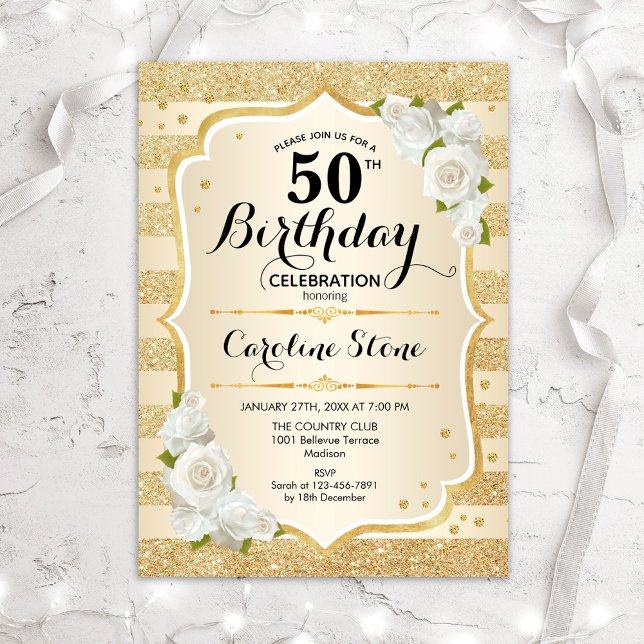 50th Birthday - Gold Stripes White Roses Invitation (Creator Uploaded)