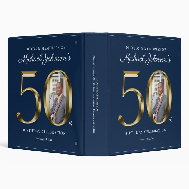 50th Birthday Gold Text Navy Blue Custom Photo Binder (Background)
