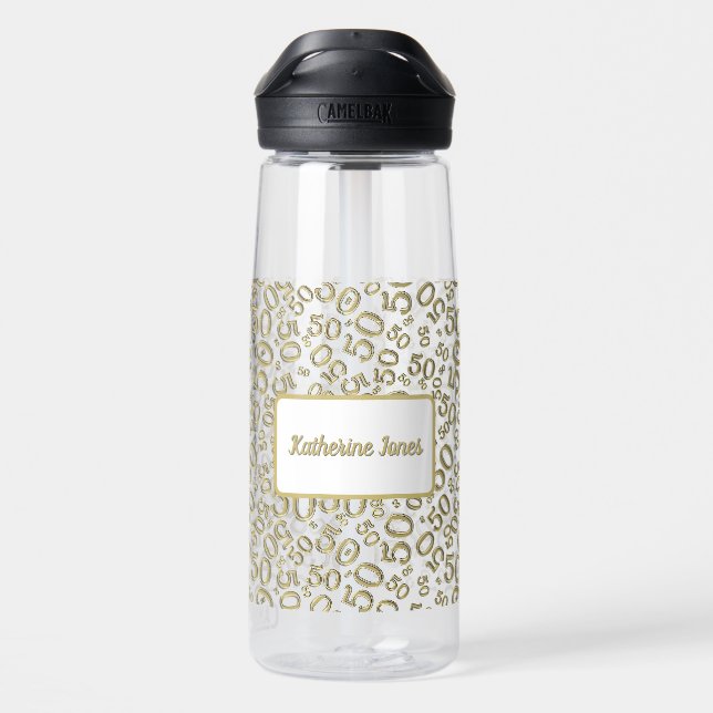 50th Birthday Gold & White Random Number Pattern Water Bottle (Back)