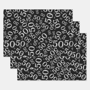 50th Birthday Gold & White Random Number Pattern Wrapping Paper Sheet