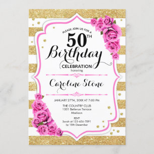 50th Birthday - Gold White Stripes Pink Roses Invitation