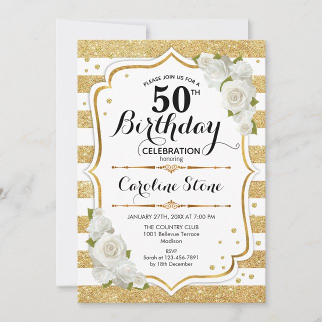 50th Birthday - Gold White Stripes Roses Invitation (Front)