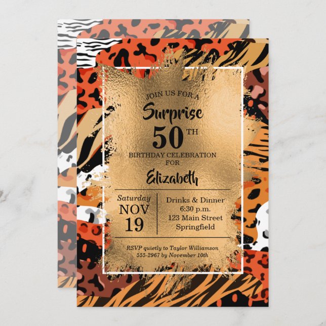 50th Birthday Gold Wild Animal Print Invitations (Front/Back)